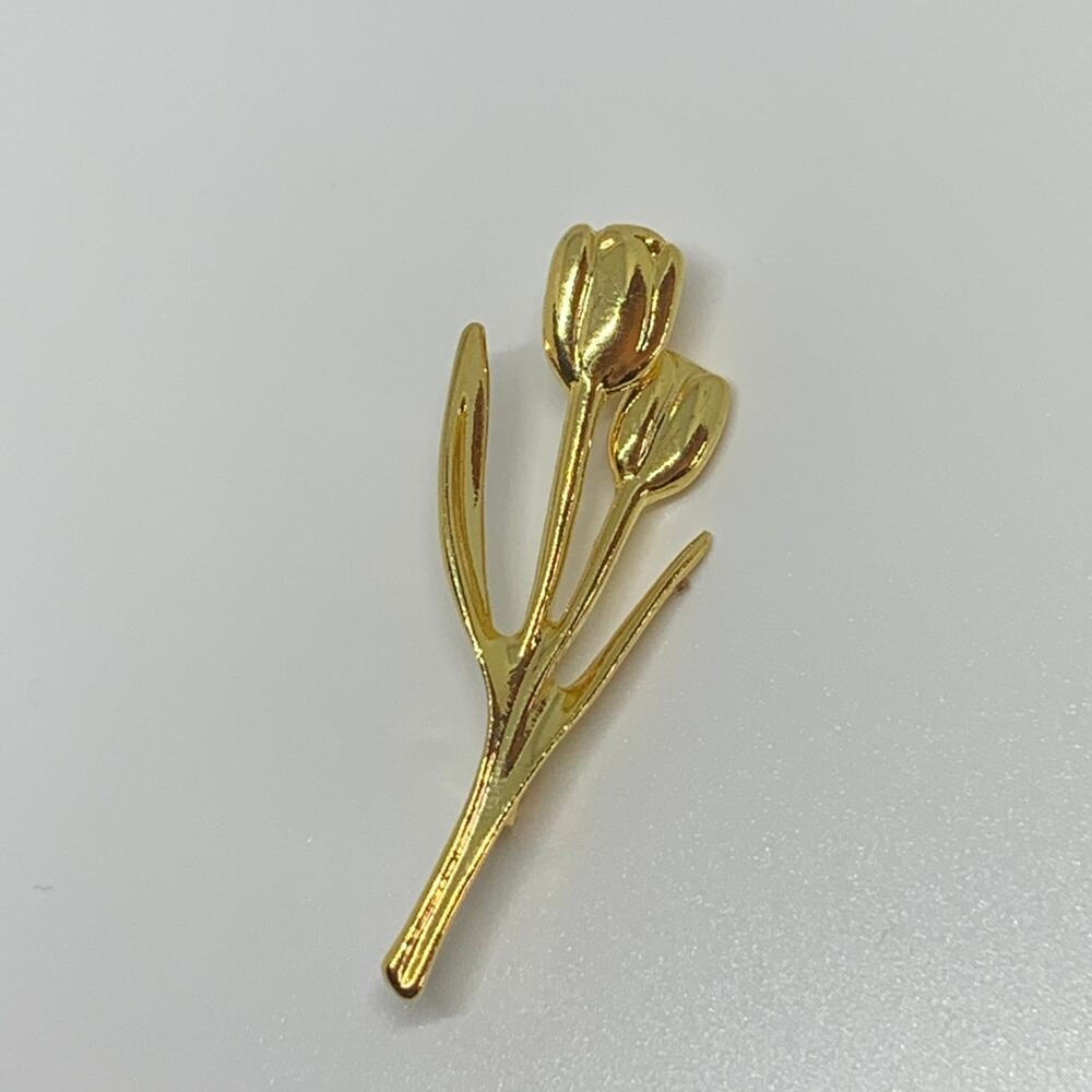 Vintage 1980s Golden Tulip Brooch Pin Flower – Matte & Polished Gold Tone Finish
